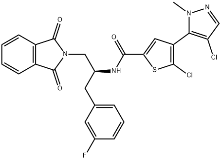 5-chloro-4-(4-chloro-1-methyl-1H-pyrazol-5-yl)-N-{(1S)-2-(1,3-dioxo-1,3-dihydro-2H-isoindol-2-yl)-1-[(3-fluorophenyl)methyl]ethyl}-2-thiophenecarboxamide Struktur