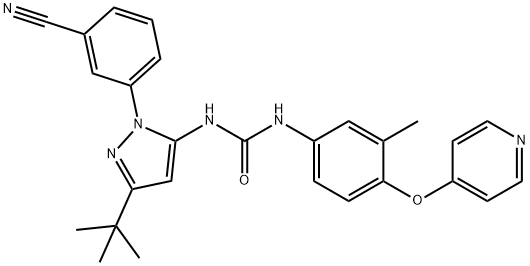 Urea, N-[1-(3-cyanophenyl)-3-(1,1-dimethylethyl)-1H-pyrazol-5-yl]-N'-[3-methyl-4-(4-pyridinyloxy)phenyl]- Struktur