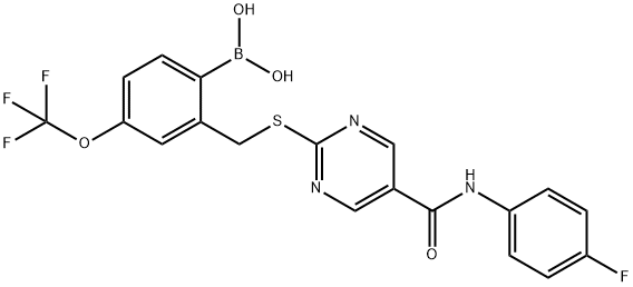 [2-[[5-[(4-fluorophenyl)carbamoyl]pyrimidin-2-yl]sulfanylmethyl]-4-(trifluoromethoxy)phenyl]boronic acid Struktur