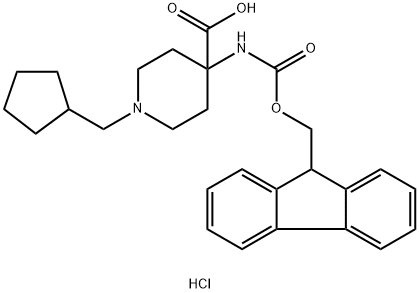 1-cyclopentylmethyl-4-(9h-fluoren-9-ylmethoxycarbonylamino)-piperidine-4-carboxylic acid hydrochloride Struktur