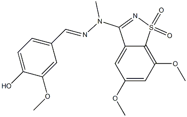 (E)-3-(2-(4-hydroxy-3-methoxybenzylidene)-1-methylhydrazinyl)-5,7-dimethoxybenzo[d]isothiazole 1,1-dioxide Struktur