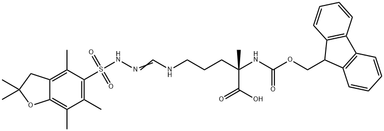 L-Ornithine, N5-[[[(2,3-dihydro-2,2,4,6,7-pentamethyl-5-benzofuranyl)sulfonyl]amino]iminomethyl]-N2-[(9H-fluoren-9-ylmethoxy)carbonyl]-2-methyl- Struktur