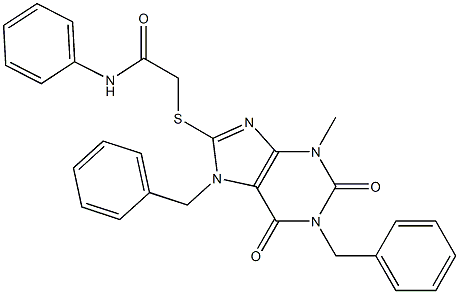 2-{[3-methyl-2,6-dioxo-1,7-bis(phenylmethyl)-2,3,6,7-tetrahydro-1H-purin-8-yl]sulfanyl}-N-phenylacetamide Struktur