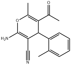 5-acetyl-2-amino-6-methyl-4-(2-methylphenyl)-4H-pyran-3-carbonitrile Struktur