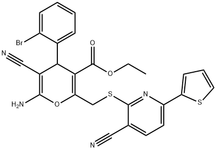 ethyl 6-amino-4-(2-bromophenyl)-5-cyano-2-({[3-cyano-6-(2-thienyl)-2-pyridinyl]sulfanyl}methyl)-4H-pyran-3-carboxylate Struktur