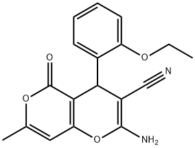 2-amino-4-(2-ethoxyphenyl)-7-methyl-5-oxo-4H,5H-pyrano[4,3-b]pyran-3-carbonitrile Struktur