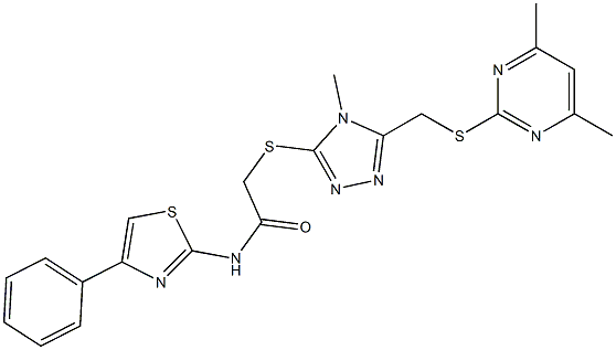 2-[(5-{[(4,6-dimethylpyrimidin-2-yl)sulfanyl]methyl}-4-methyl-4H-1,2,4-triazol-3-yl)sulfanyl]-N-(4-phenyl-1,3-thiazol-2-yl)acetamide Struktur