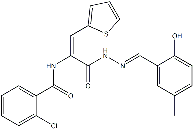 2-chloro-N-[1-{[2-(2-hydroxy-5-methylbenzylidene)hydrazino]carbonyl}-2-(2-thienyl)vinyl]benzamide Struktur