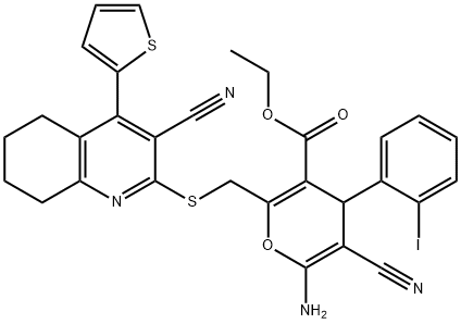 ethyl 6-amino-5-cyano-2-({[3-cyano-4-(2-thienyl)-5,6,7,8-tetrahydro-2-quinolinyl]sulfanyl}methyl)-4-(2-iodophenyl)-4H-pyran-3-carboxylate Struktur