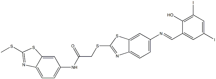 2-({6-[(2-hydroxy-3,5-diiodobenzylidene)amino]-1,3-benzothiazol-2-yl}sulfanyl)-N-[2-(methylsulfanyl)-1,3-benzothiazol-6-yl]acetamide Struktur