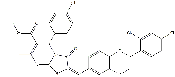 ethyl 5-(4-chlorophenyl)-2-{4-[(2,4-dichlorobenzyl)oxy]-3-iodo-5-methoxybenzylidene}-7-methyl-3-oxo-2,3-dihydro-5H-[1,3]thiazolo[3,2-a]pyrimidine-6-carboxylate Struktur