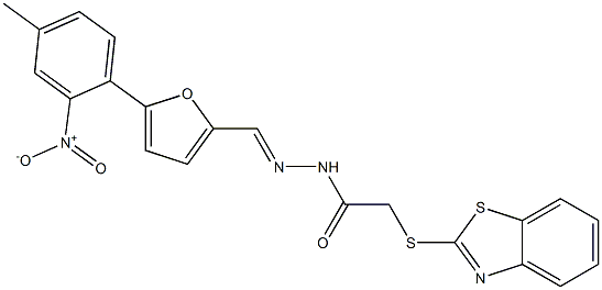 2-(1,3-benzothiazol-2-ylsulfanyl)-N'-[(5-{2-nitro-4-methylphenyl}-2-furyl)methylene]acetohydrazide Struktur