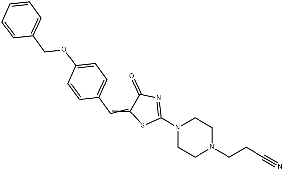 3-(4-{5-[4-(benzyloxy)benzylidene]-4-oxo-4,5-dihydro-1,3-thiazol-2-yl}-1-piperazinyl)propanenitrile Struktur