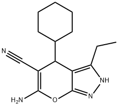 6-amino-4-cyclohexyl-3-ethyl-2,4-dihydropyrano[2,3-c]pyrazole-5-carbonitrile Struktur