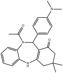 10-acetyl-11-[4-(dimethylamino)phenyl]-3,3-dimethyl-2,3,4,5,10,11-hexahydro-1H-dibenzo[b,e][1,4]diazepin-1-one Struktur