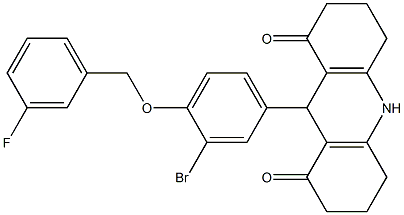 9-{3-bromo-4-[(3-fluorobenzyl)oxy]phenyl}-3,4,6,7,9,10-hexahydro-1,8(2H,5H)-acridinedione Struktur