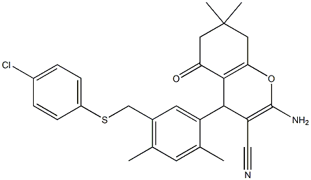 2-amino-4-(5-{[(4-chlorophenyl)sulfanyl]methyl}-2,4-dimethylphenyl)-7,7-dimethyl-5-oxo-5,6,7,8-tetrahydro-4H-chromene-3-carbonitrile Struktur