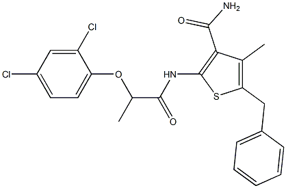 5-benzyl-2-{[2-(2,4-dichlorophenoxy)propanoyl]amino}-4-methyl-3-thiophenecarboxamide Struktur