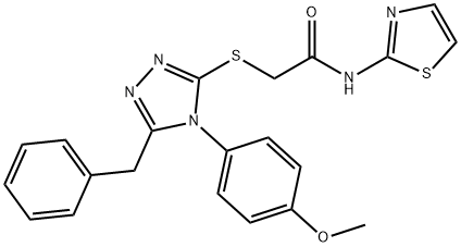 2-{[4-[4-(methyloxy)phenyl]-5-(phenylmethyl)-4H-1,2,4-triazol-3-yl]sulfanyl}-N-(1,3-thiazol-2-yl)acetamide Struktur