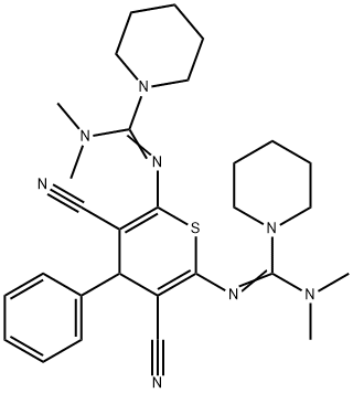 N'-(3,5-dicyano-6-{[(dimethylamino)(1-piperidinyl)methylene]amino}-4-phenyl-4H-thiopyran-2-yl)-N,N-dimethyl-1-piperidinecarboximidamide Struktur