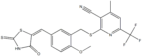 2-({2-methoxy-5-[(4-oxo-2-thioxo-1,3-thiazolidin-5-ylidene)methyl]benzyl}sulfanyl)-4-methyl-6-(trifluoromethyl)nicotinonitrile Struktur