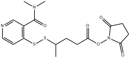 2,5-Dioxopyrrolidin-1-yl 4-((3-(dimethylcarbamoyl)pyridin-4-yl)disulfanyl)pentanoate Struktur