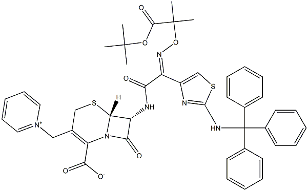 (6R,7R)-7-[((2Z)-2-[({2-[(1,1-dimethylethyl)oxy]-1,1-dimethyl-2-oxoethyl}oxy)imino]-2-{2-[(triphenylmethyl)amino]-1,3-thiazol-4-yl}acetyl)amino]-8-oxo-3-(1-pyridiniumylmethyl)-5-thia-1-azabicyclo[4.2.0]oct-2-ene-2-carboxylate Struktur