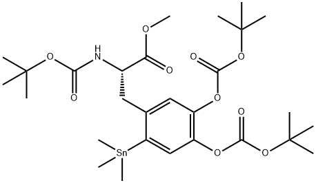 N-tert-butoxycarbonyl-3,4-di-tert-butoxycarbonyloxy-6-(trimethylstannyl)-L-phenylalanine methyl ester Struktur