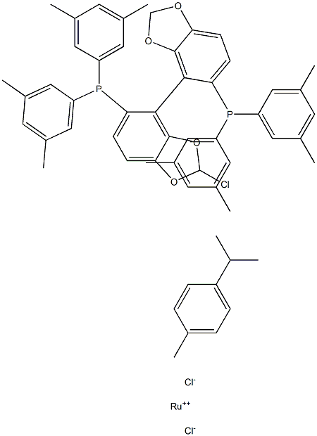 Chloro{(S)-(-)-5,5'-bis[di(3,5-xylyl)phosphino]-4,4'-bi-1,3-benzodioxole}(p-cymene)ruthenium(II)chloride Struktur