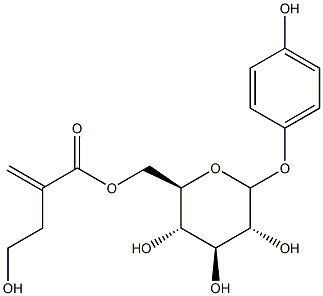 4-hydroxyphenyl-6-O-(4-hydroxy-2-methylenebutanoyl)glucopyranoside Struktur