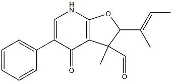 2-(2-buten-2-yl)-3,7-dihydro-3-formyl-3-methyl-5-phenylfuro(2,3-b)pyridin-4(2H)-one Struktur