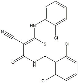 6-(2-chloroanilino)-2-(2,6-dichlorophenyl)-4-oxo-3,4-dihydro-2H-1,3-thiazine-5-carbonitrile Struktur