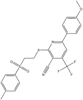 6-(4-methoxyphenyl)-2-({2-[(4-methylphenyl)sulfonyl]ethyl}sulfanyl)-4-(trifluoromethyl)nicotinonitrile Struktur