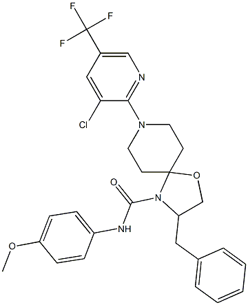 3-benzyl-8-[3-chloro-5-(trifluoromethyl)-2-pyridinyl]-N-(4-methoxyphenyl)-1-oxa-4,8-diazaspiro[4.5]decane-4-carboxamide Struktur