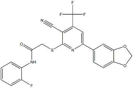 2-{[6-(1,3-benzodioxol-5-yl)-3-cyano-4-(trifluoromethyl)-2-pyridinyl]sulfanyl}-N-(2-fluorophenyl)acetamide Struktur