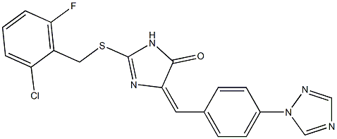 2-[(2-chloro-6-fluorobenzyl)sulfanyl]-5-{(E)-[4-(1H-1,2,4-triazol-1-yl)phenyl]methylidene}-3,5-dihydro-4H-imidazol-4-one Struktur