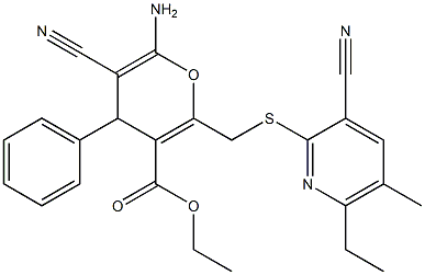 ethyl 6-amino-5-cyano-2-{[(3-cyano-6-ethyl-5-methyl-2-pyridinyl)sulfanyl]methyl}-4-phenyl-4H-pyran-3-carboxylate Struktur