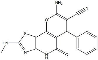 8-amino-2-(methylamino)-5-oxo-6-phenyl-4,6-dihydro-5H-pyrano[2,3-d][1,3]thiazolo[4,5-b]pyridine-7-carbonitrile Struktur