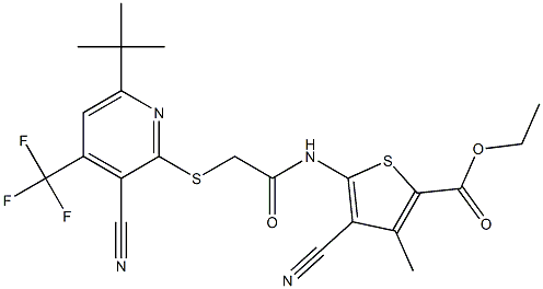 ethyl 5-[(2-{[6-(tert-butyl)-3-cyano-4-(trifluoromethyl)-2-pyridinyl]sulfanyl}acetyl)amino]-4-cyano-3-methyl-2-thiophenecarboxylate Struktur