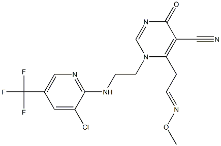 1-(2-{[3-chloro-5-(trifluoromethyl)-2-pyridinyl]amino}ethyl)-6-[2-(methoxyimino)ethyl]-4-oxo-1,4-dihydro-5-pyrimidinecarbonitrile Struktur