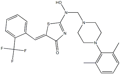 2-[{[4-(2,6-dimethylphenyl)piperazino]methyl}(hydroxy)amino]-5-{(Z)-[2-(trifluoromethyl)phenyl]methylidene}-1,3-thiazol-4-one Struktur