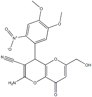 2-amino-4-(4,5-dimethoxy-2-nitrophenyl)-6-(hydroxymethyl)-8-oxo-4,8-dihydropyrano[3,2-b]pyran-3-carbonitrile Struktur