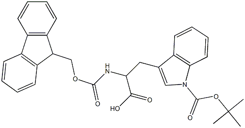 3-[1-(tert-butoxycarbonyl)-1H-indol-3-yl]-2-{[(9H-fluoren-9-ylmethoxy)carbonyl]amino}propanoic acid Struktur