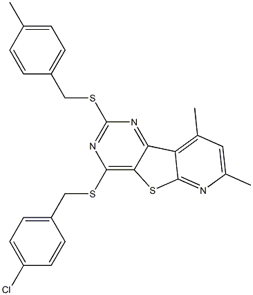 4-chlorobenzyl 7,9-dimethyl-2-[(4-methylbenzyl)sulfanyl]pyrido[3',2':4,5]thieno[3,2-d]pyrimidin-4-yl sulfide Struktur