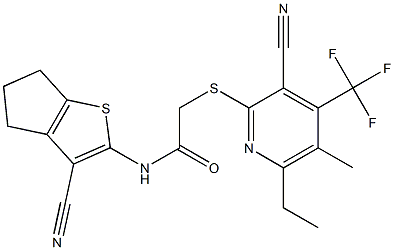 N-(3-cyano-5,6-dihydro-4H-cyclopenta[b]thiophen-2-yl)-2-{[3-cyano-6-ethyl-5-methyl-4-(trifluoromethyl)-2-pyridinyl]sulfanyl}acetamide Struktur