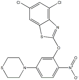 4,6-dichloro-2-[2-nitro-5-(1,4-thiazinan-4-yl)phenoxy]-1,3-benzothiazole Struktur