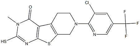 7-[3-chloro-5-(trifluoromethyl)-2-pyridinyl]-3-methyl-2-sulfanyl-5,6,7,8-tetrahydropyrido[4',3':4,5]thieno[2,3-d]pyrimidin-4(3H)-one Struktur