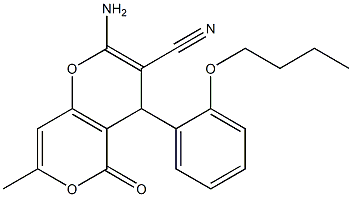 2-amino-4-(2-butoxyphenyl)-7-methyl-5-oxo-4H,5H-pyrano[4,3-b]pyran-3-carbonitrile Struktur