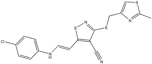 5-[2-(4-chloroanilino)vinyl]-3-{[(2-methyl-1,3-thiazol-4-yl)methyl]sulfanyl}-4-isothiazolecarbonitrile Struktur