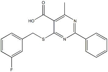 4-[(3-fluorobenzyl)thio]-6-methyl-2-phenylpyrimidine-5-carboxylic acid Struktur